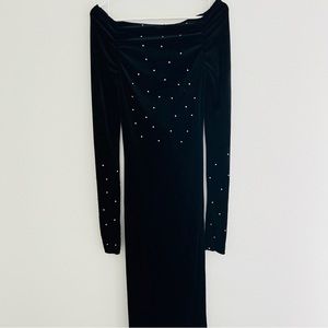 Vintage Black Velvet Long Sleeve Jeweled Body Con Midi Dress Small